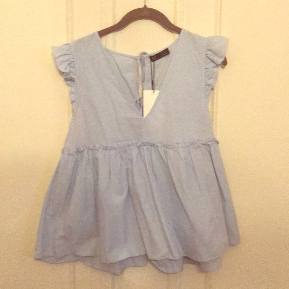 Zara Light Blue Ruffle Sleeve Peplum Top
